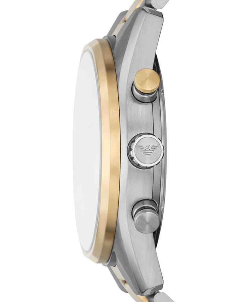 Side profile of Emporio Armani Racer showing chronograph pushers and two-tone case