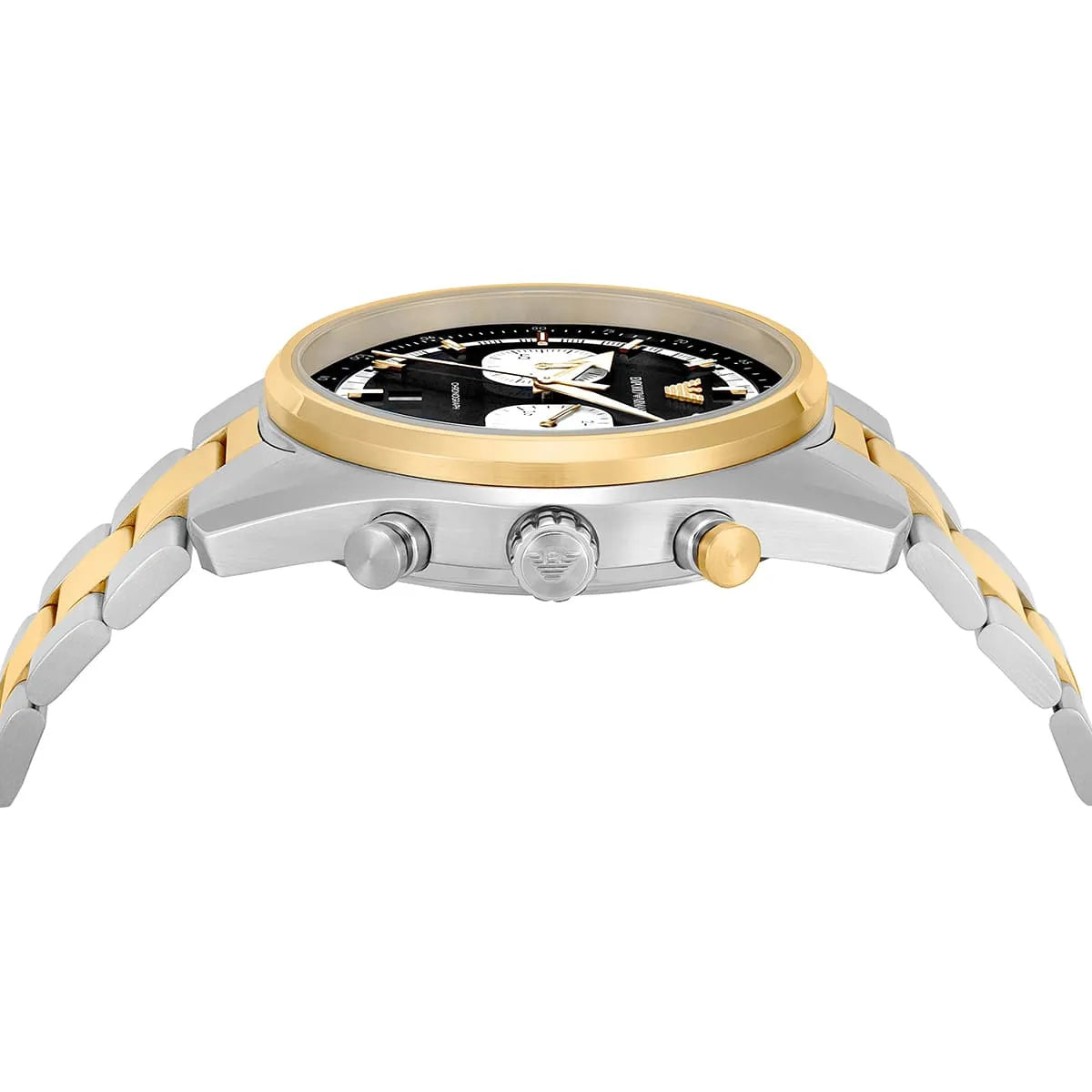 Three-quarter view of Emporio Armani Racer chronograph with black dial and two-tone metal bracelet
