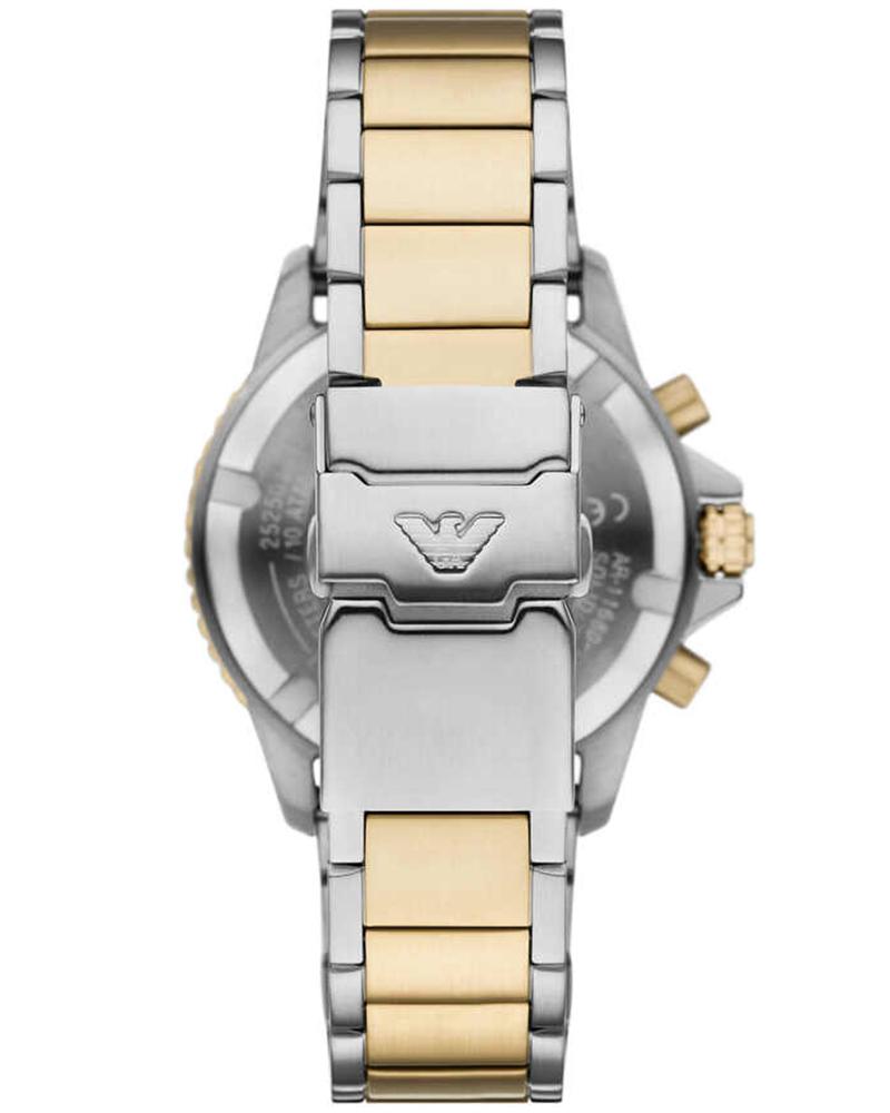 AR11680 caseback showing Emporio Armani eagle logo and two-tone stainless steel bracelet