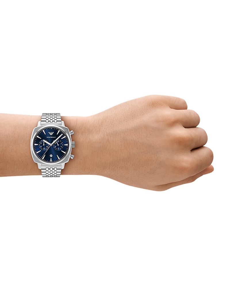 Emporio Armani Carlo AR11688 watch worn on wrist showing blue dial and stainless steel design