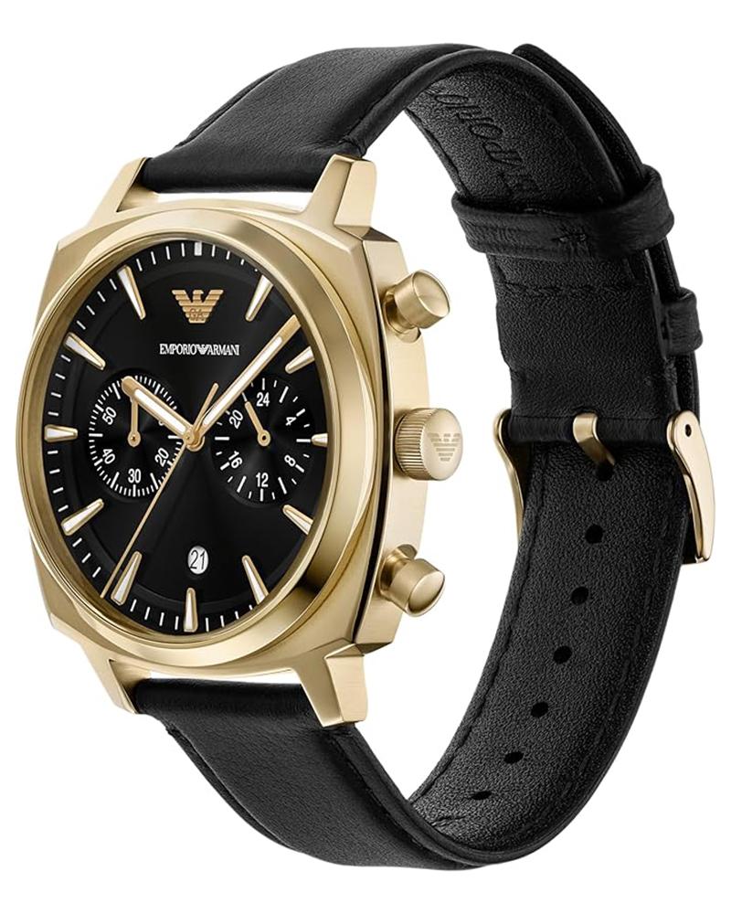 AR11690 watch at angle showing gold case, black dial, and black leather strap with visible holes