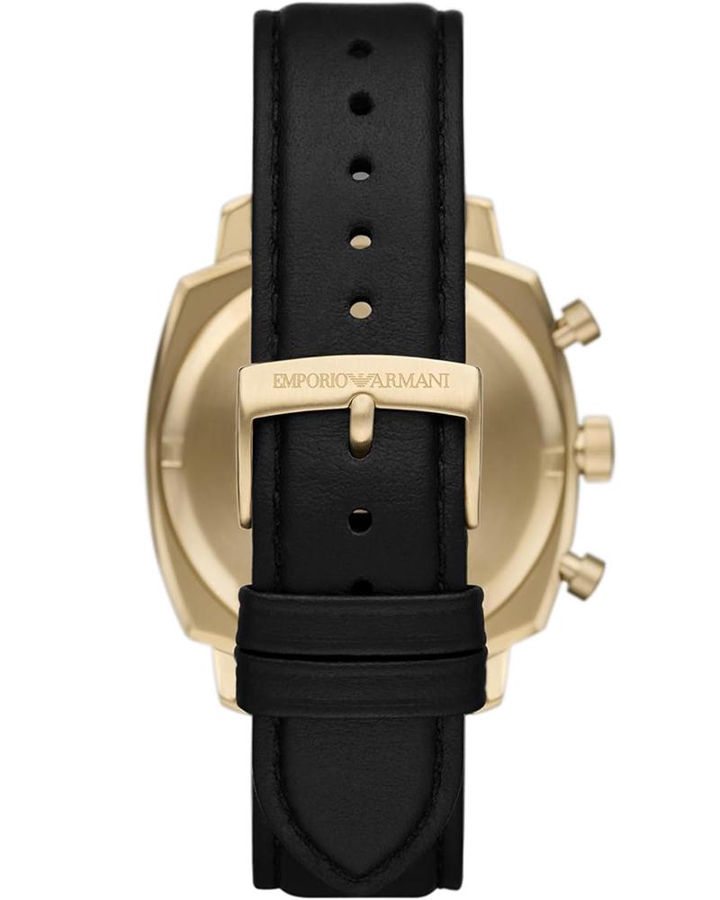 AR11690 caseback view showing gold-tone case with Emporio Armani strap and gold buckle