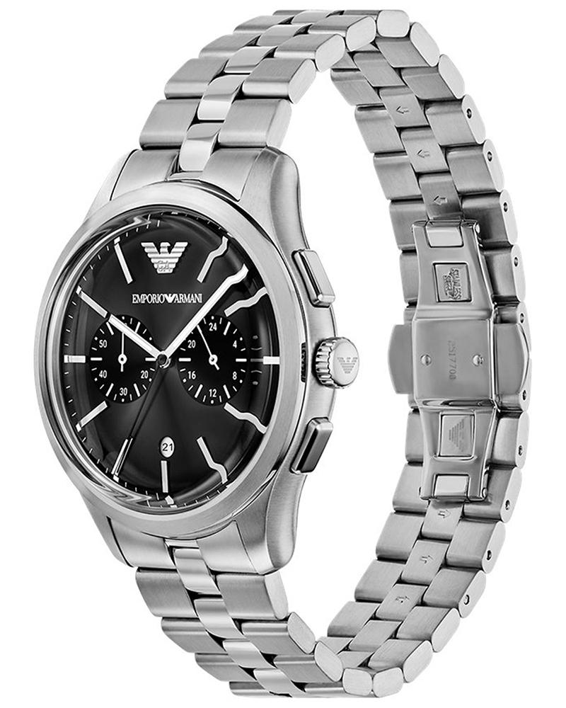 Emporio Armani Dario chronograph watch shown at angle with extended bracelet