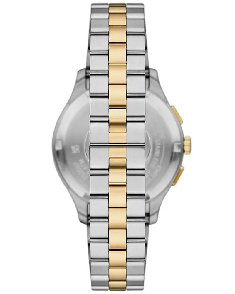 Back view of Emporio Armani Dario watch showing stainless steel caseback and two-tone bracelet