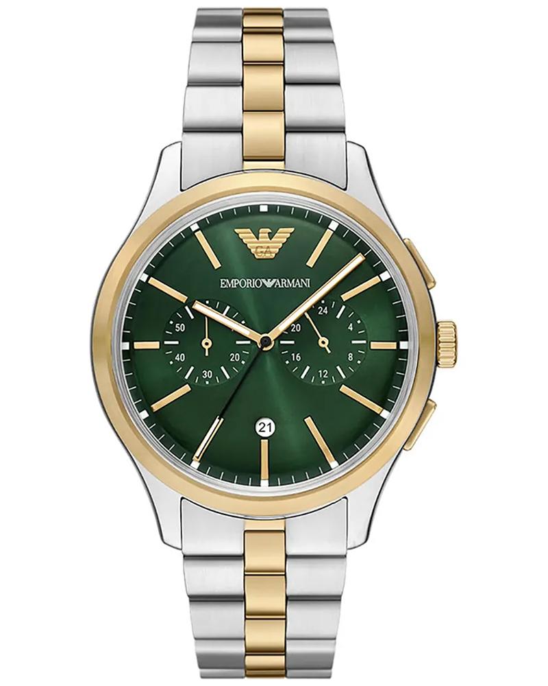 Emporio Armani Dario two-tone stainless steel chronograph watch with green dial and gold bezel