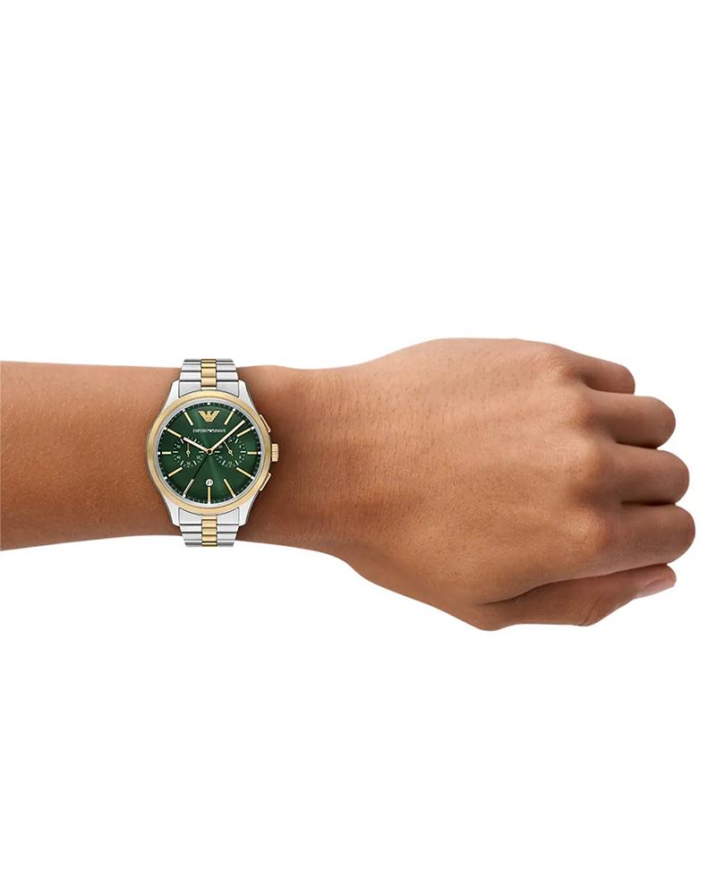 Emporio Armani Dario two-tone chronograph watch worn on wrist showing green dial and bracelet