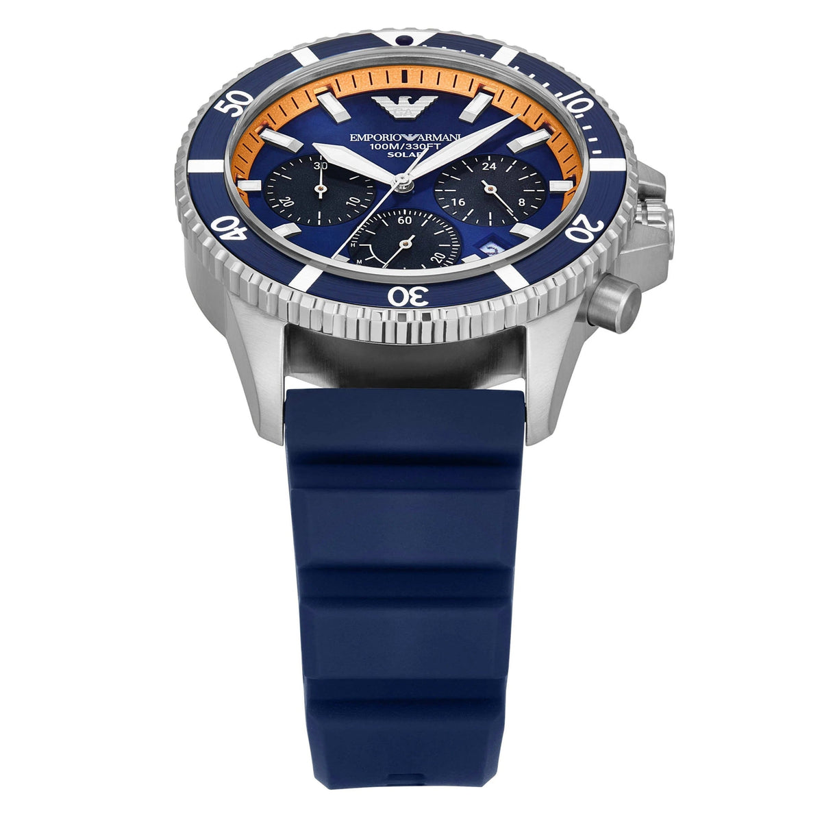 Emporio Armani World Explorer AR11696 angled view showing blue dial and orange chronograph ring