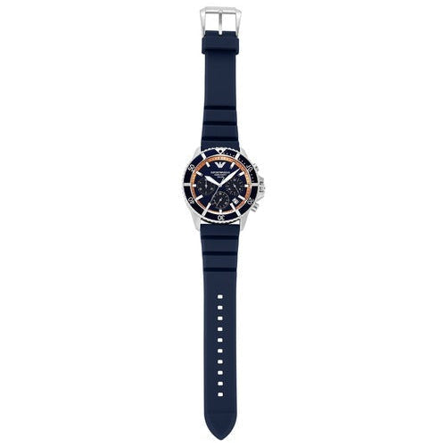 Emporio Armani World Explorer AR11696 chronograph watch on wrist with blue silicone strap