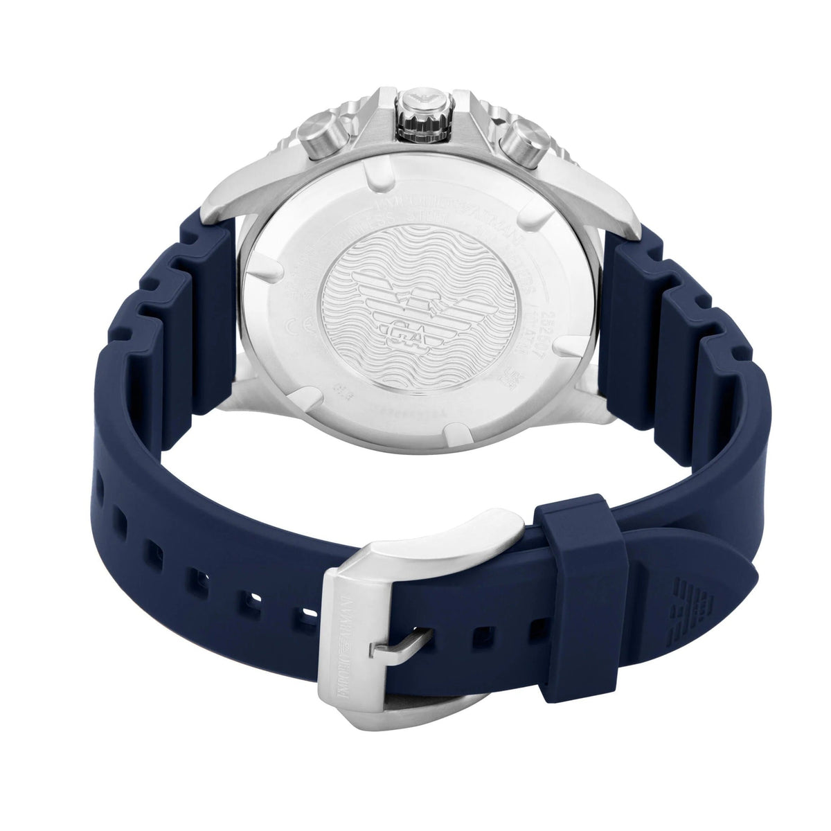 Emporio Armani World Explorer AR11696 caseback detail with wave pattern and stainless steel