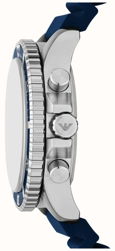 Emporio Armani World Explorer AR11696 side profile with chronograph pushers and blue silicone strap