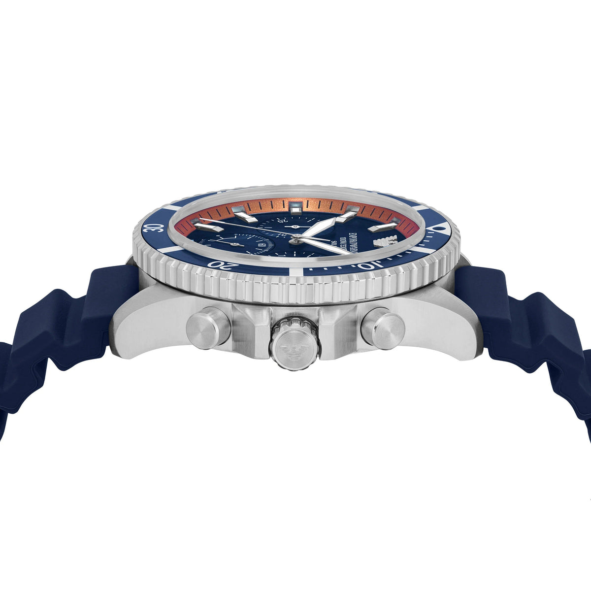Emporio Armani World Explorer AR11696 three-quarter view of dial and stainless steel case