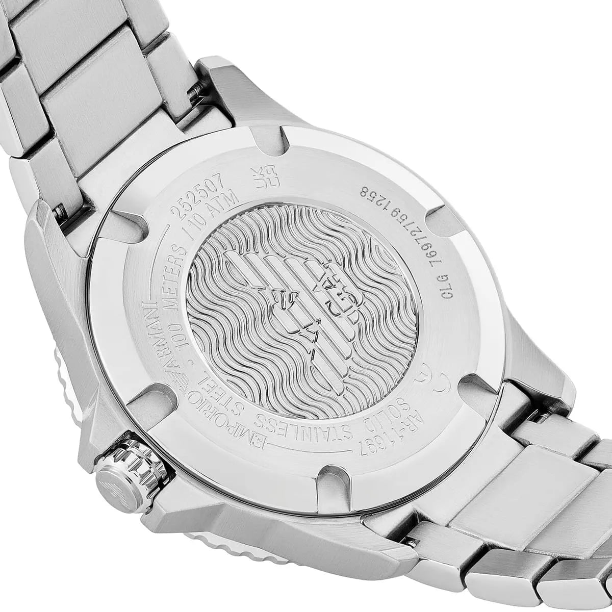 AR11697 stainless steel caseback with wave pattern and Emporio Armani branding