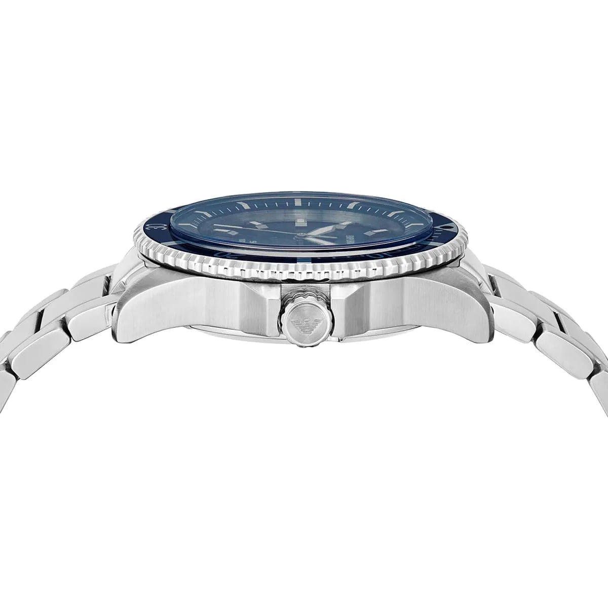 AR11697 Emporio Armani watch side view with blue bezel and case lugs