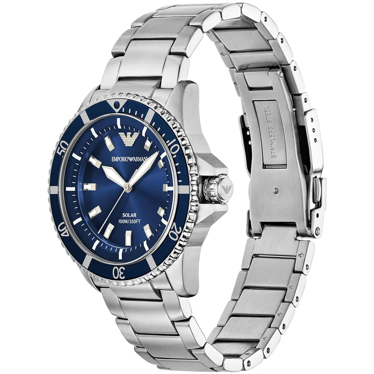 AR11697 Emporio Armani watch side profile with extended stainless steel bracelet