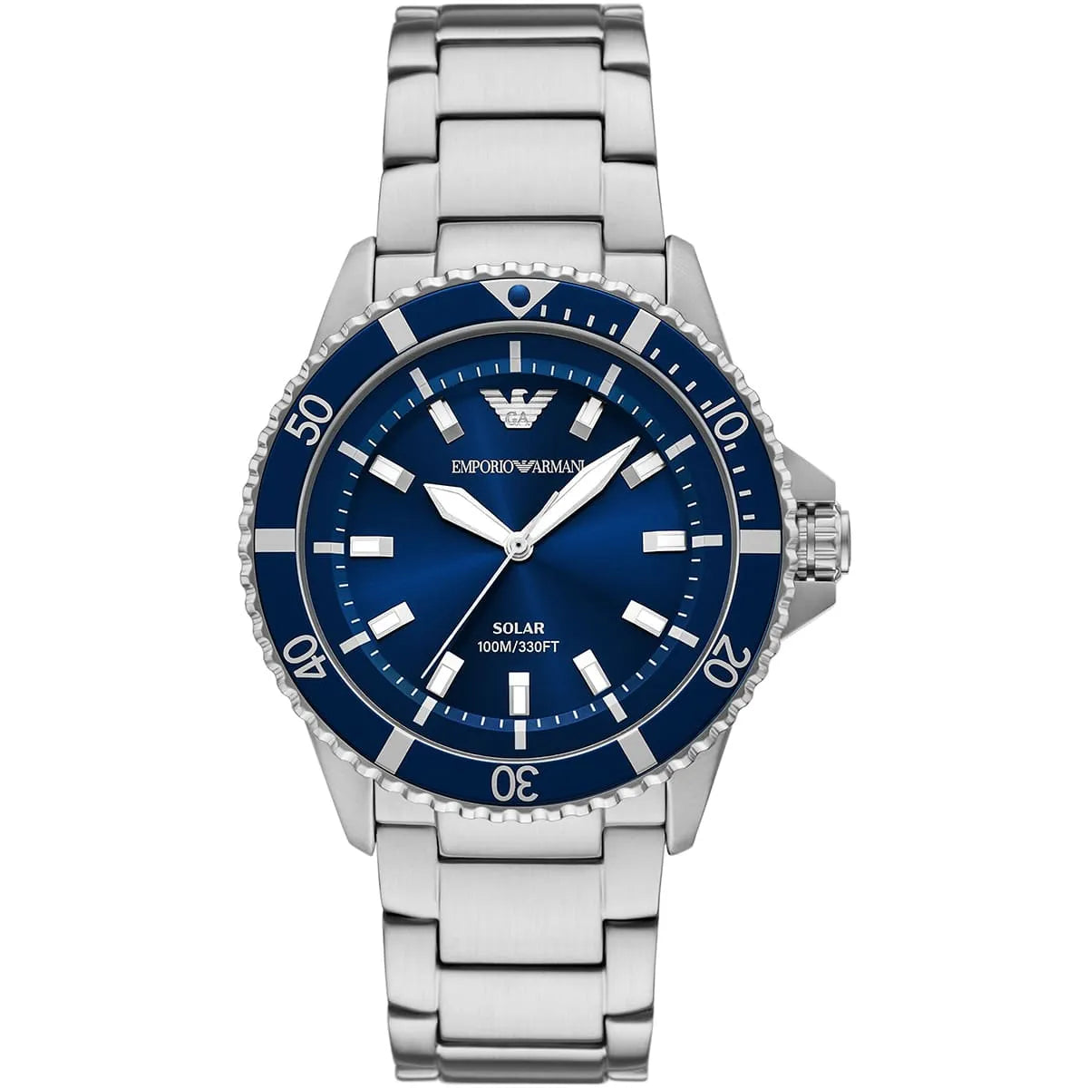 Emporio Armani AR11697 World Explorer solar watch with blue dial and stainless steel bracelet