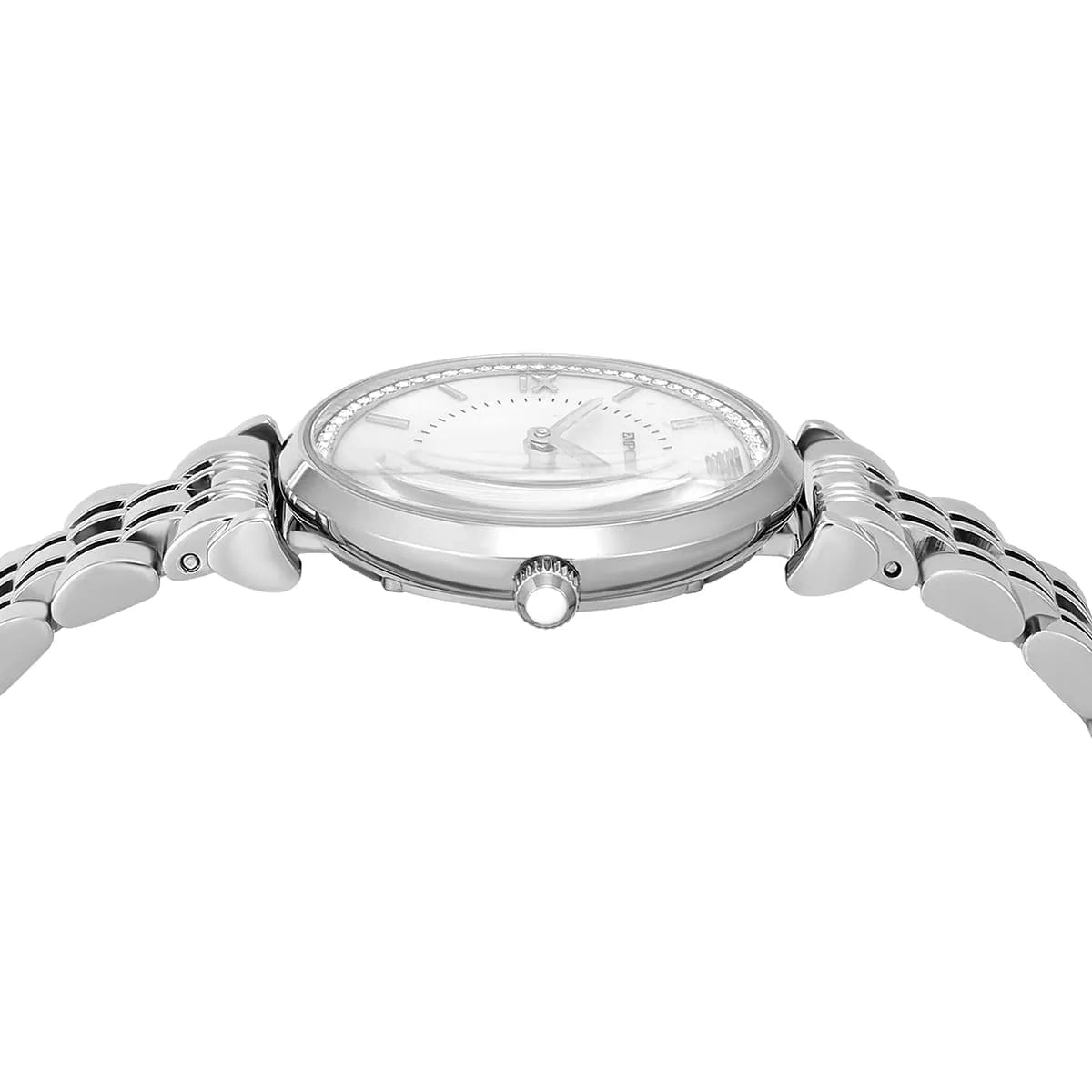 Close-up of AR11701 dial showing white mother-of-pearl finish with Roman numerals and crystal bezel