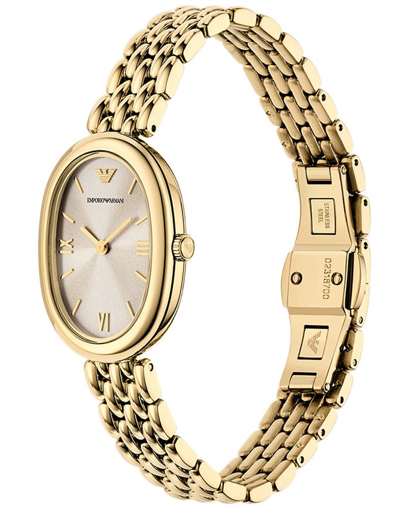 Emporio Armani Sinfonia watch at angle showing gold-tone linked bracelet and oval case profile