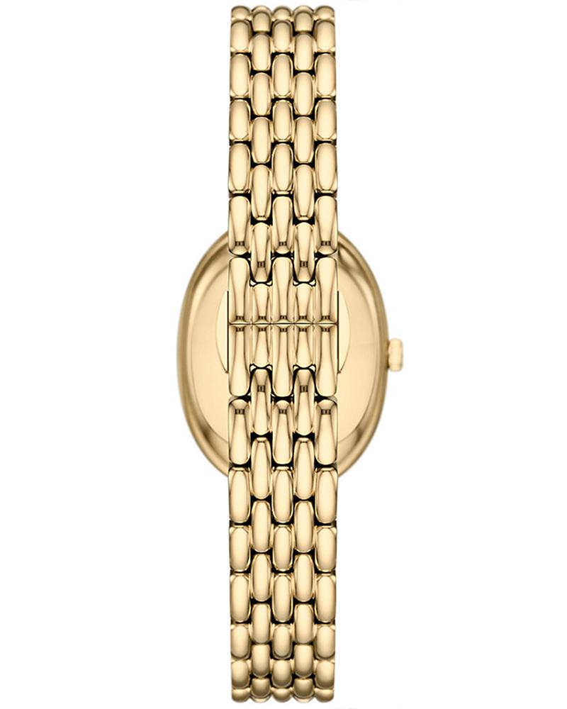 Emporio Armani Sinfonia watch caseback view showing gold-tone case and linked bracelet construction