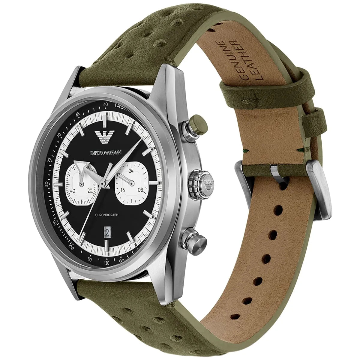 Emporio Armani AR11709 chronograph at angle showing silver case, black dial, and green leather strap