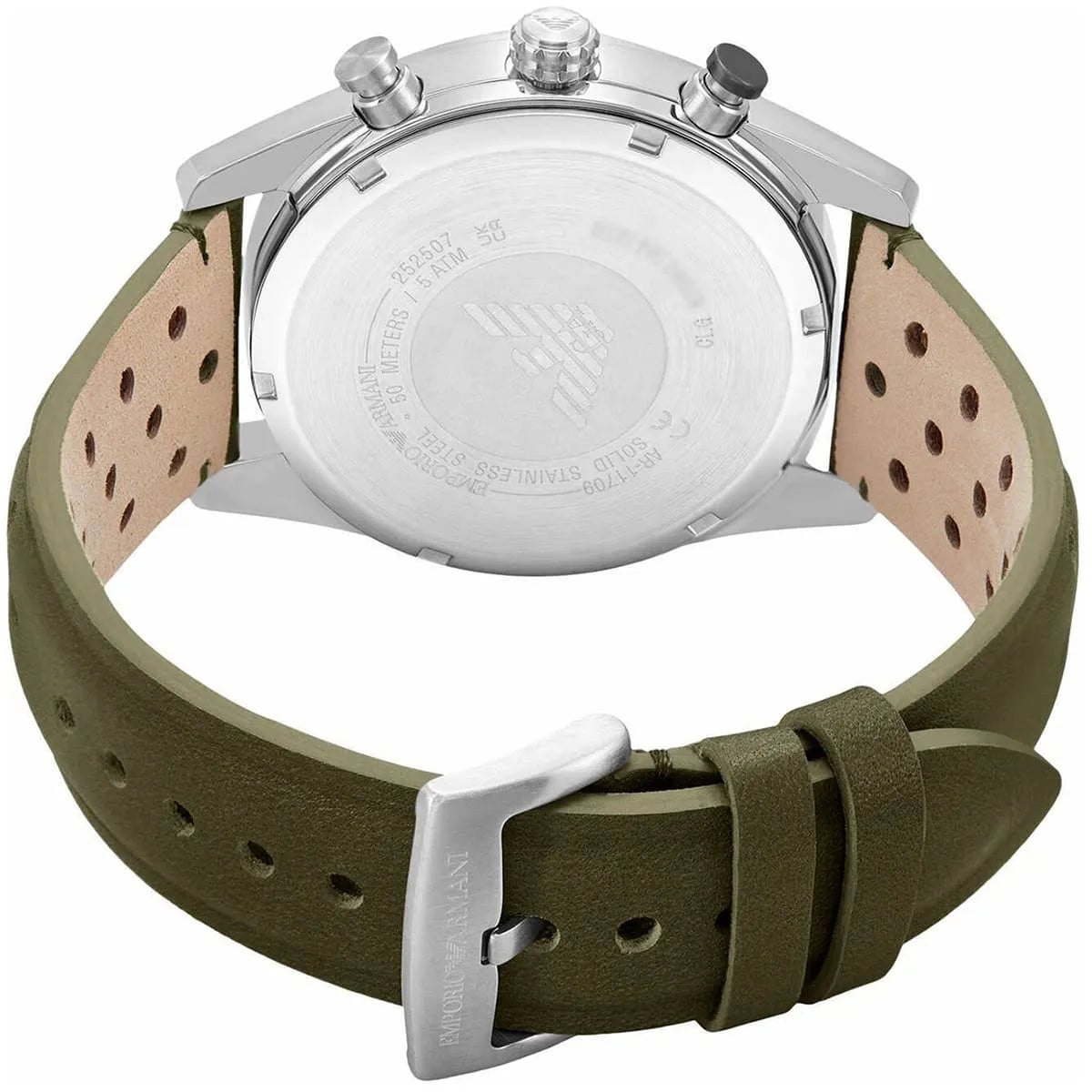 AR11709 watch caseback with Emporio Armani branding and green leather strap attached