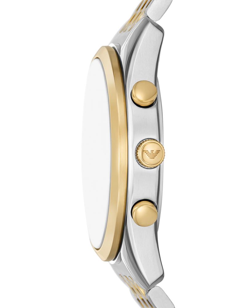 Side view of AR11713 showing two-tone stainless steel case and gold pushers