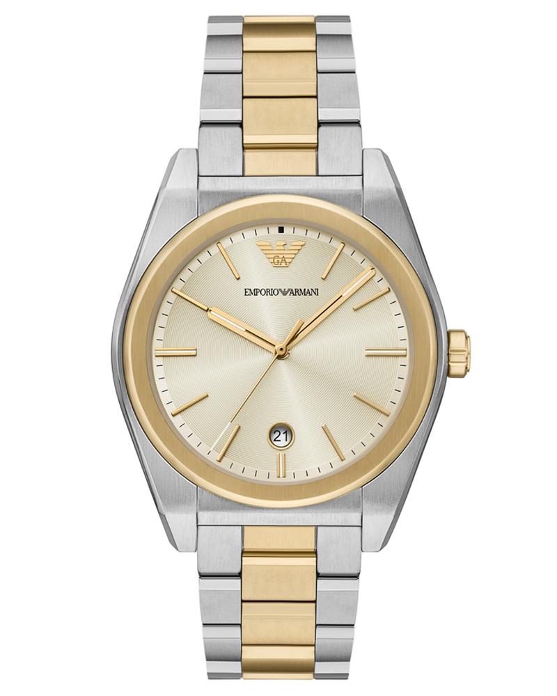 Emporio Armani Federico watch front view with yellow dial and two-tone steel and gold bracelet