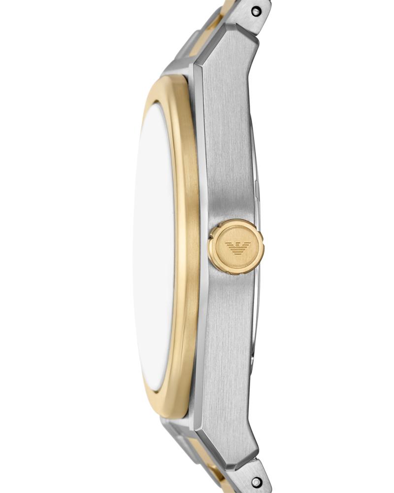 Side profile of Emporio Armani Federico watch showing two-tone bracelet and gold bezel