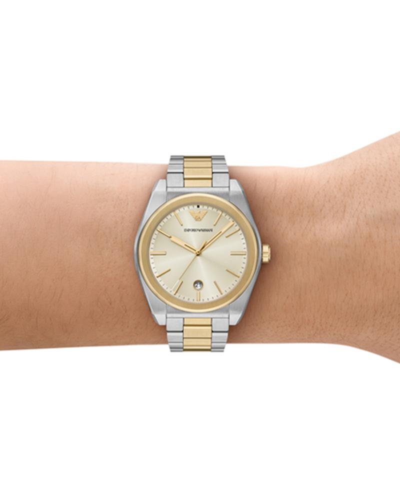 Emporio Armani Federico watch worn on wrist showing yellow dial and two-tone bracelet