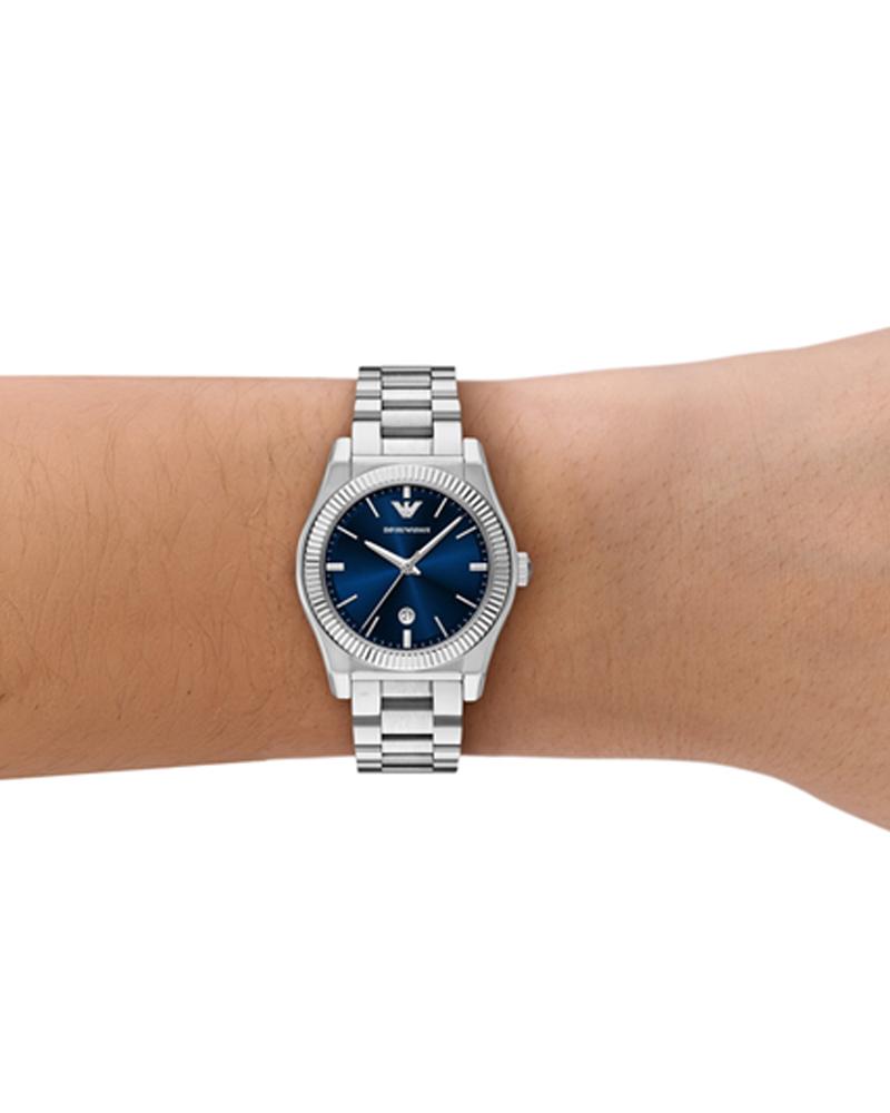Emporio Armani AR11717 women's stainless steel watch worn on wrist with blue dial