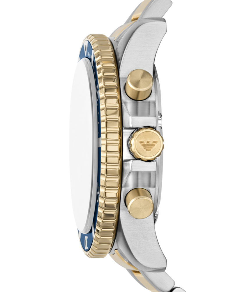 Side profile showing two-tone stainless steel bracelet, chronograph pushers, and case thickness