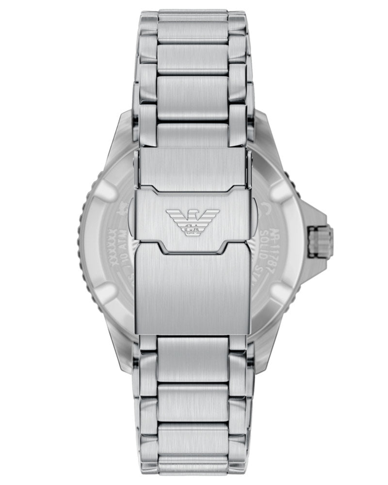 Caseback of AR11787 displaying Emporio Armani eagle logo and steel bracelet