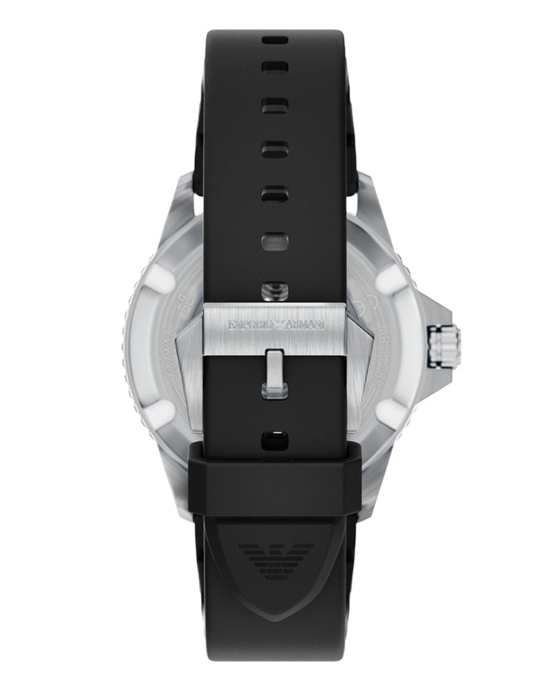 Caseback view of AR11788 with Emporio Armani branding and black rubber strap attachment