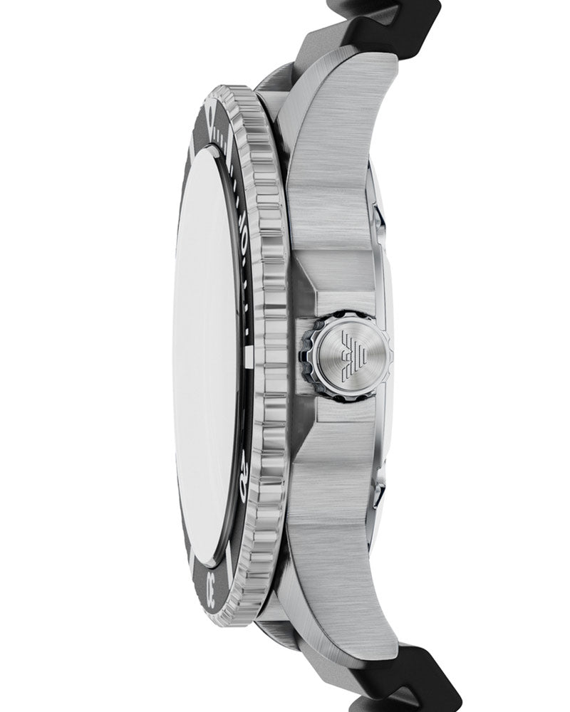Side profile of AR11788 showing stainless steel case, rotating bezel, and black rubber strap