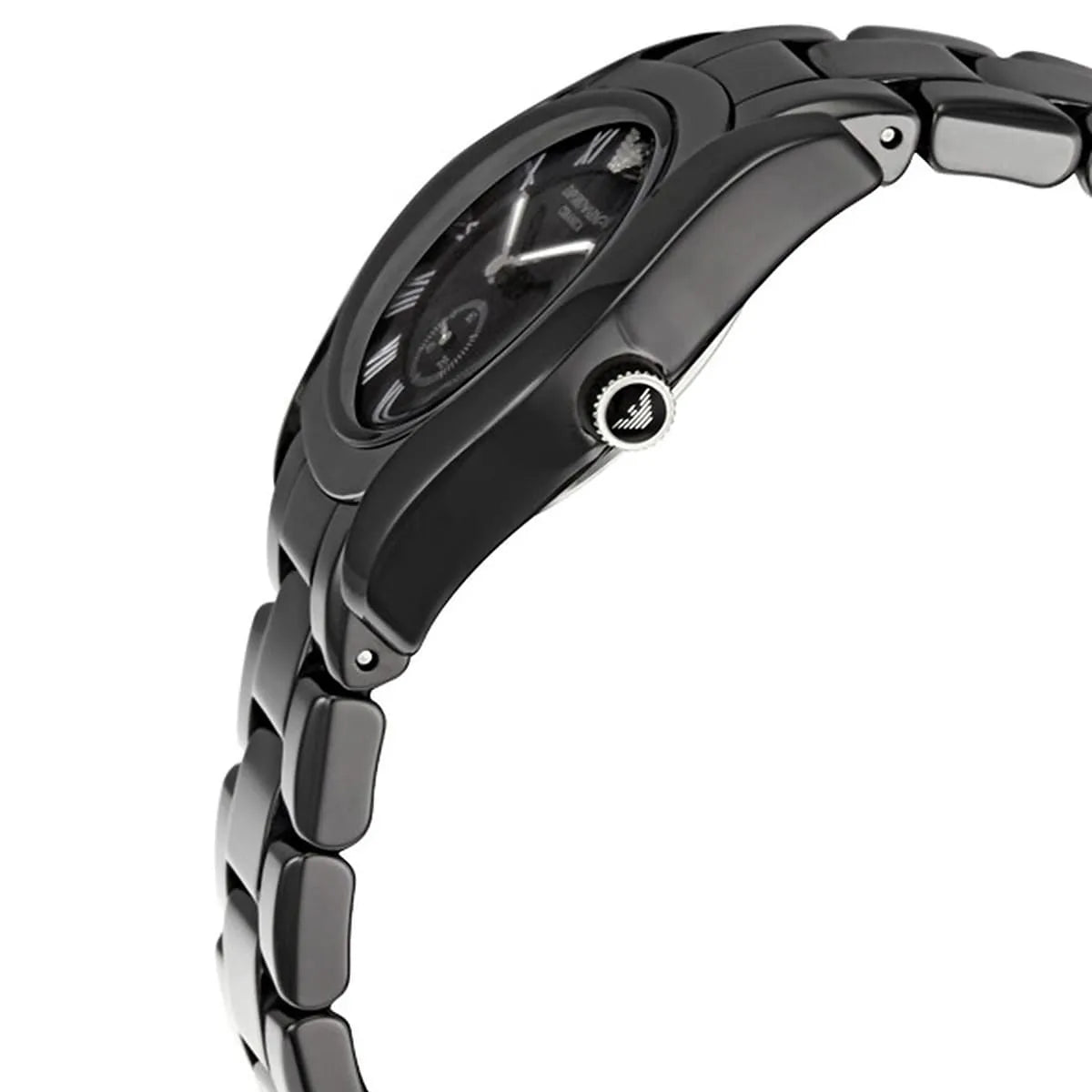 Side angle view of Emporio Armani Ceramica watch showing black ceramic case and bracelet