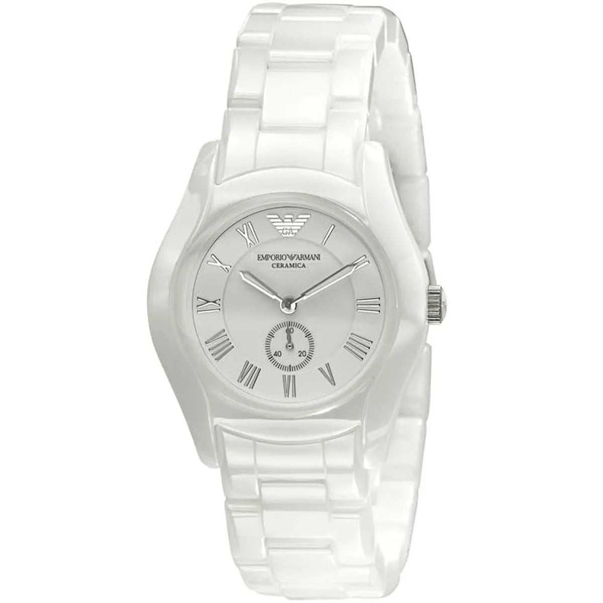 Emporio Armani AR1405 watch at three-quarter angle showing white ceramic case and dial