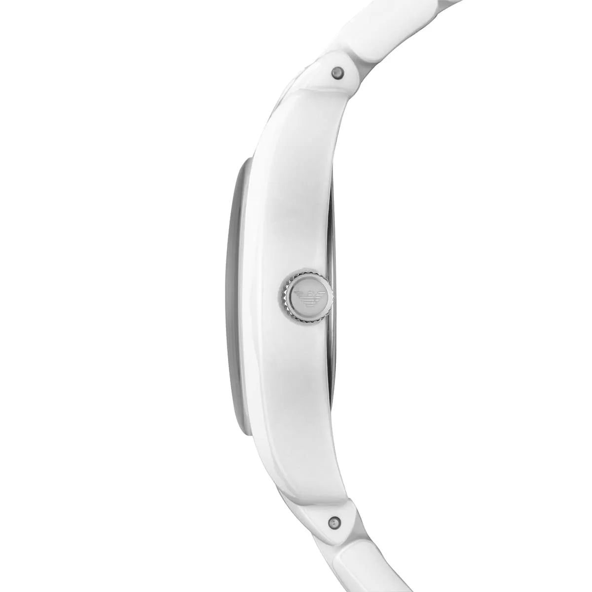 Emporio Armani AR1405 watch profile showing white ceramic case and crown