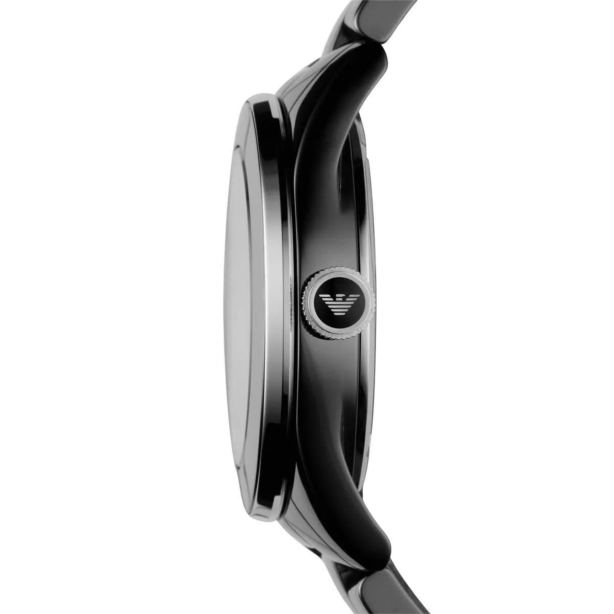 Emporio Armani Ceramica Overseas women's watch side profile showing black ceramic case and bracelet