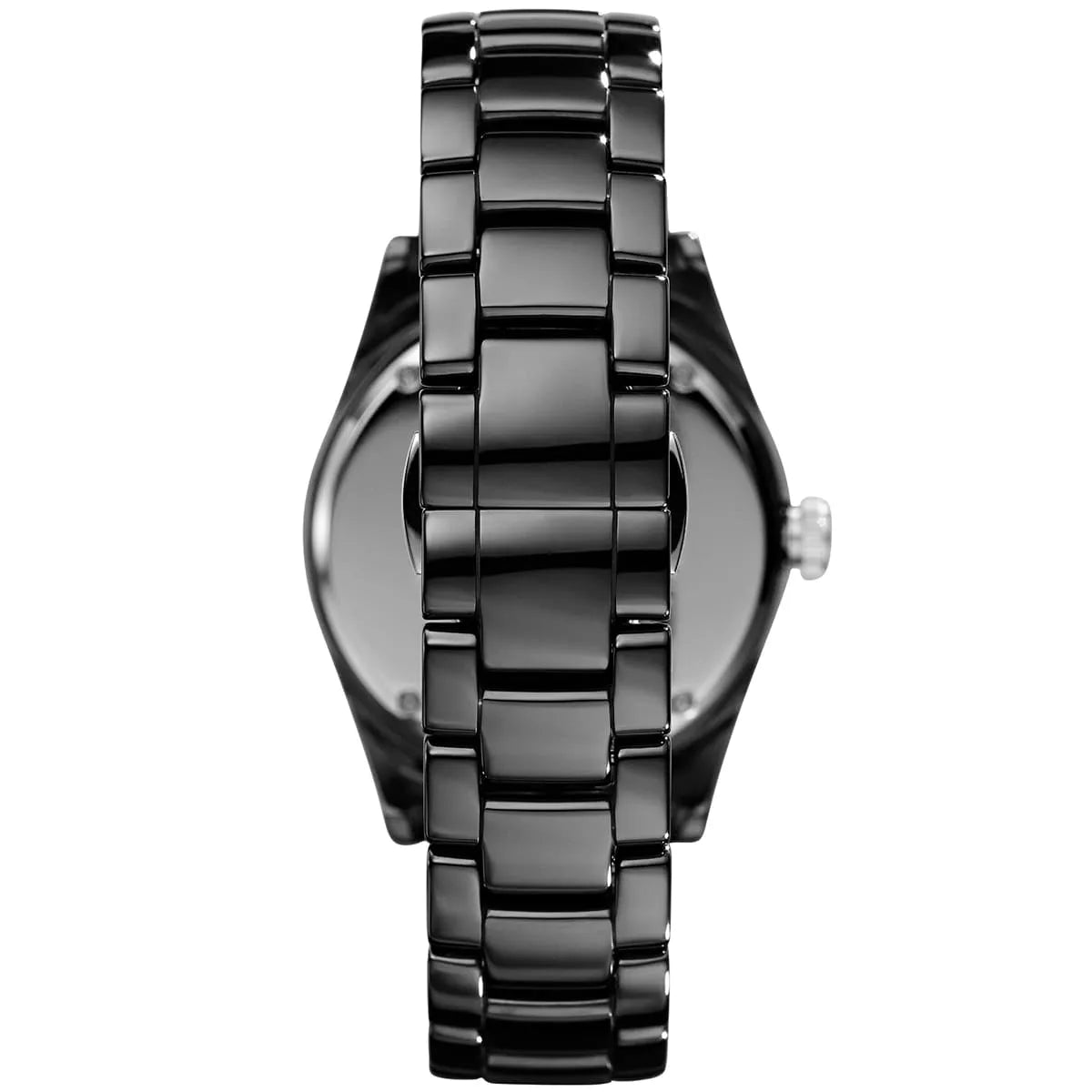 Emporio Armani Ceramica Overseas women's watch ceramic link bracelet clasp detail from back