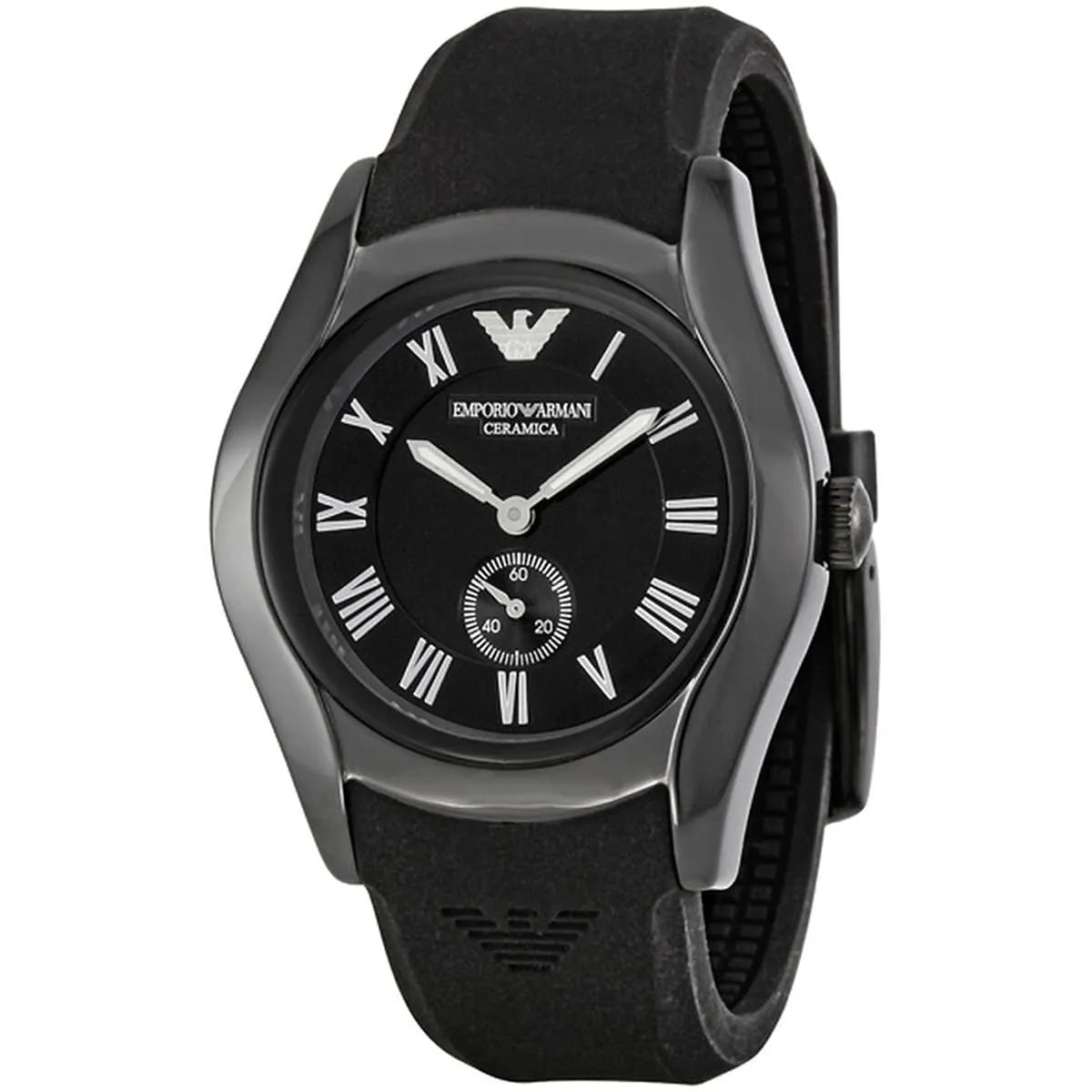 AR1432 Emporio Armani watch angled view showing black ceramic case and black strap with Eagle logo
