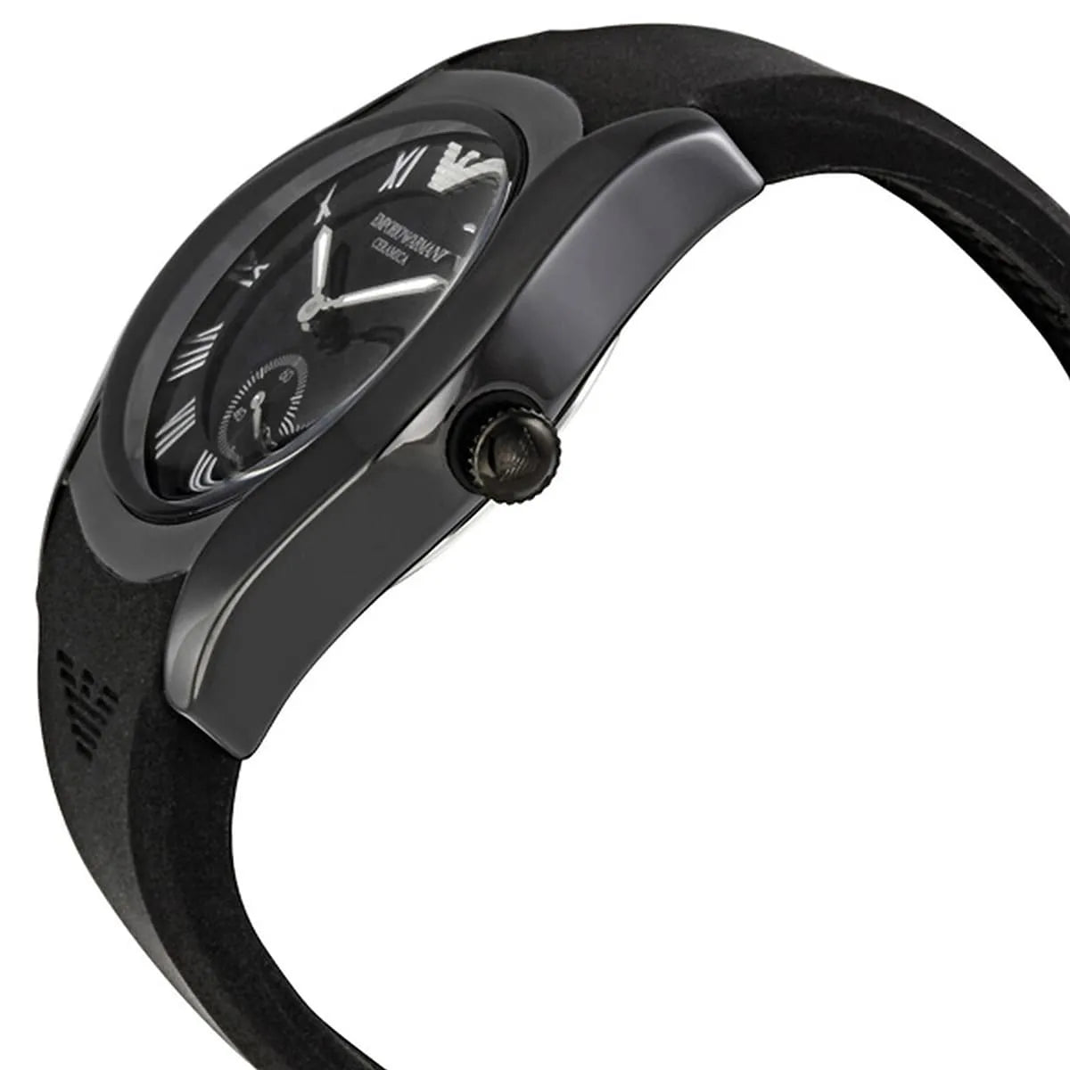 AR1432 Emporio Armani black ceramic watch side profile showing case thickness and crown