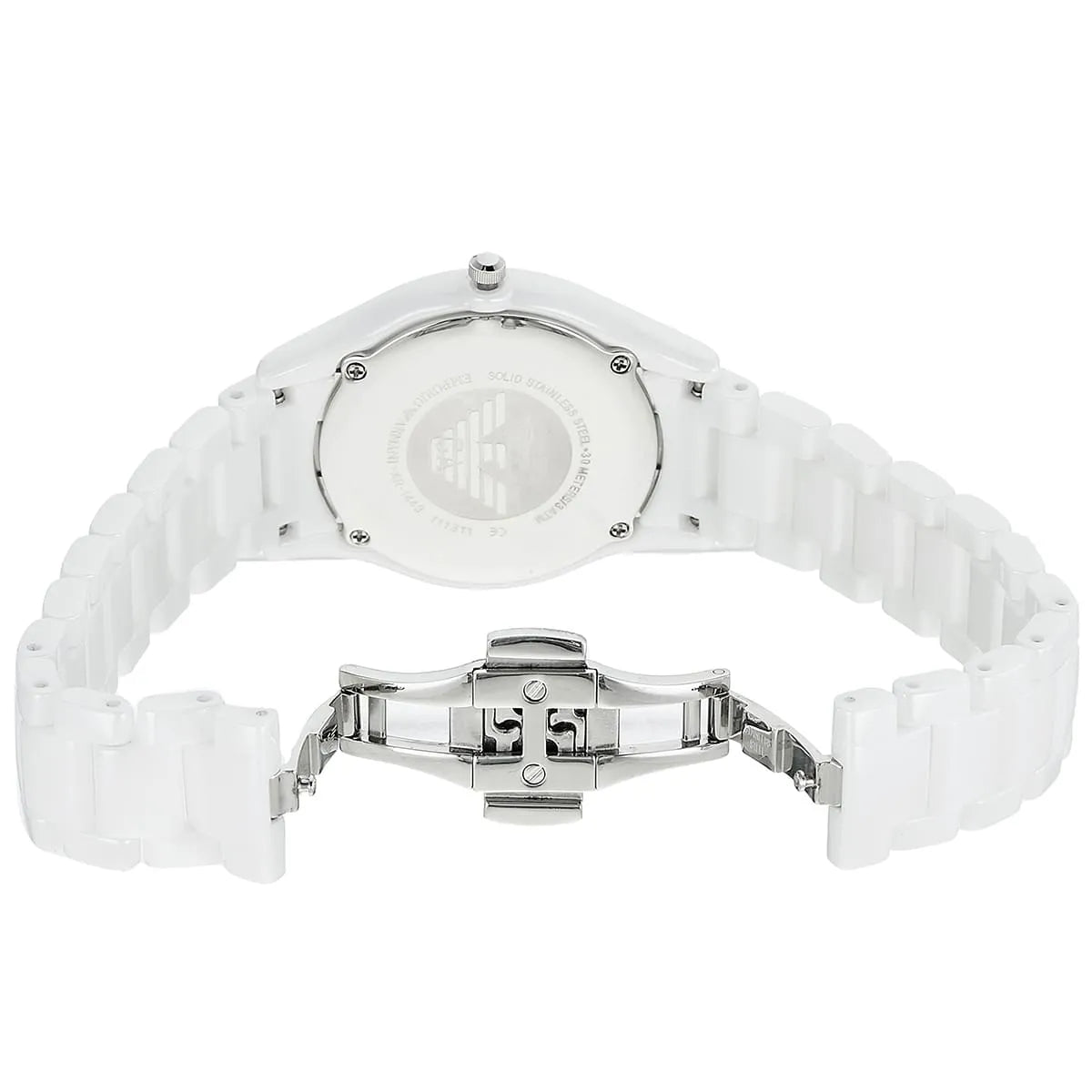 Emporio Armani AR1442 ceramic watch back with Armani logo and crown detail