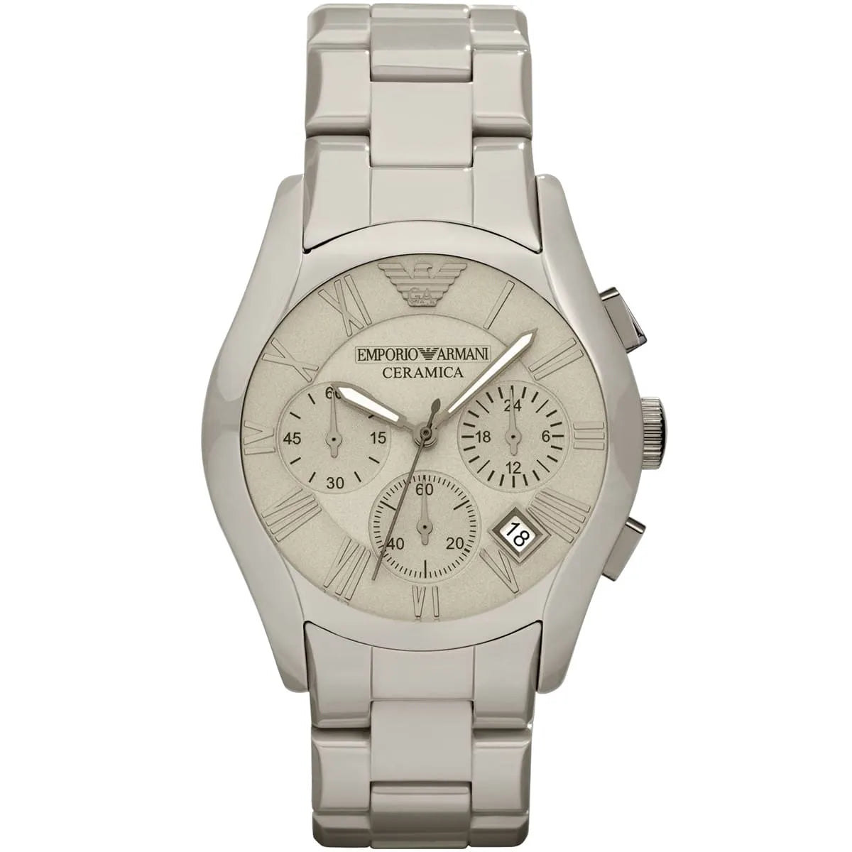 Emporio Armani Valente chronograph watch with grey ceramic case, grey dial with Roman numerals, and ceramic strap
