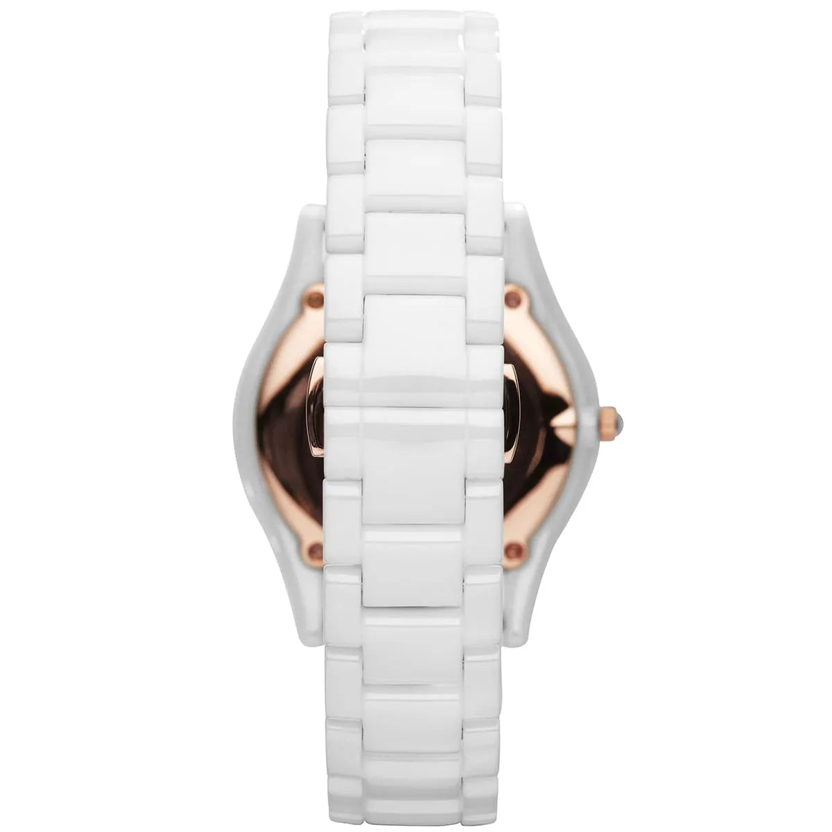 Back view of Emporio Armani AR1473 watch showing white ceramic case and strap with rose gold accents
