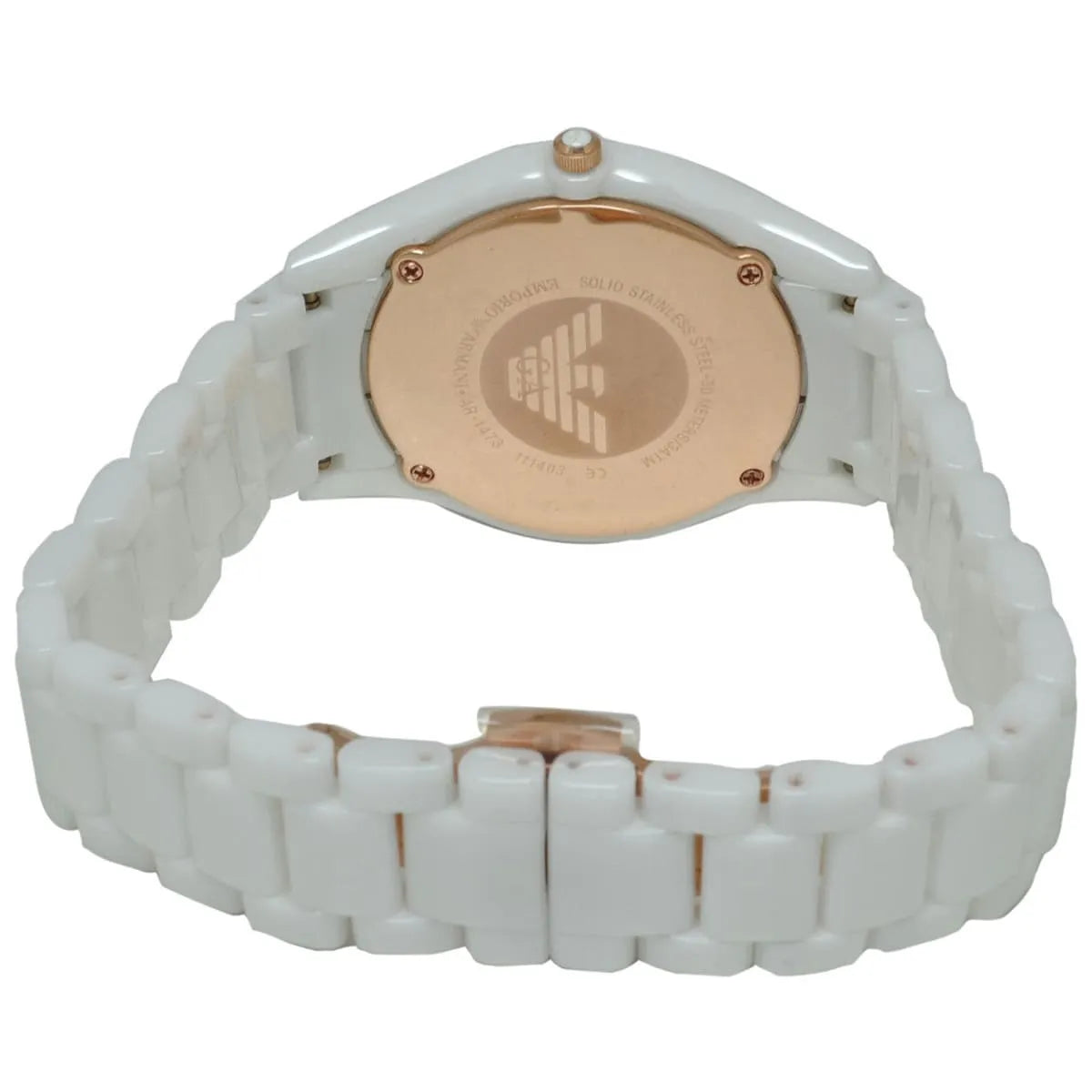 Emporio Armani Ceramica watch caseback showing rose gold exhibition case with Armani logo