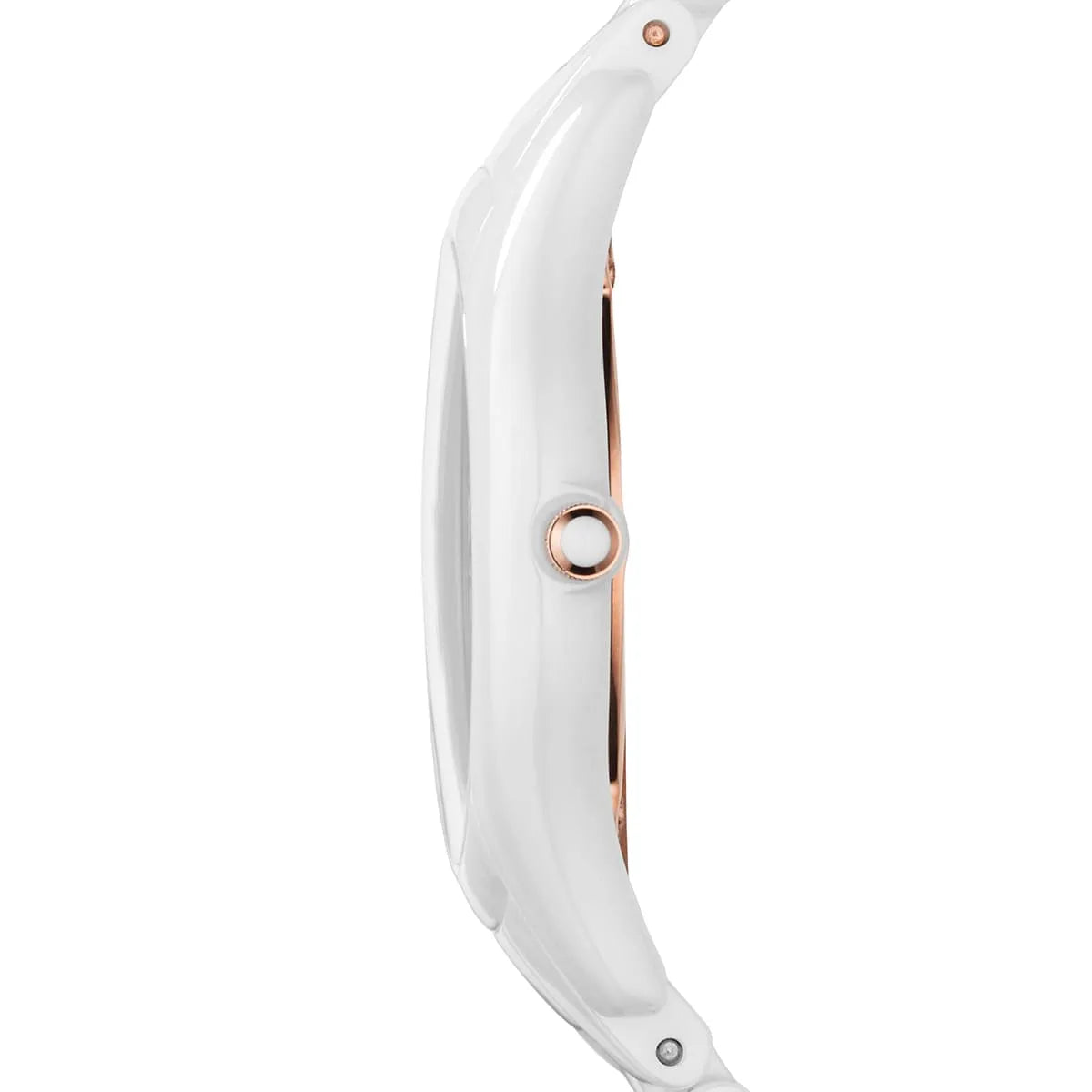 Side view of Emporio Armani AR1473 ceramic watch case with rose gold accents