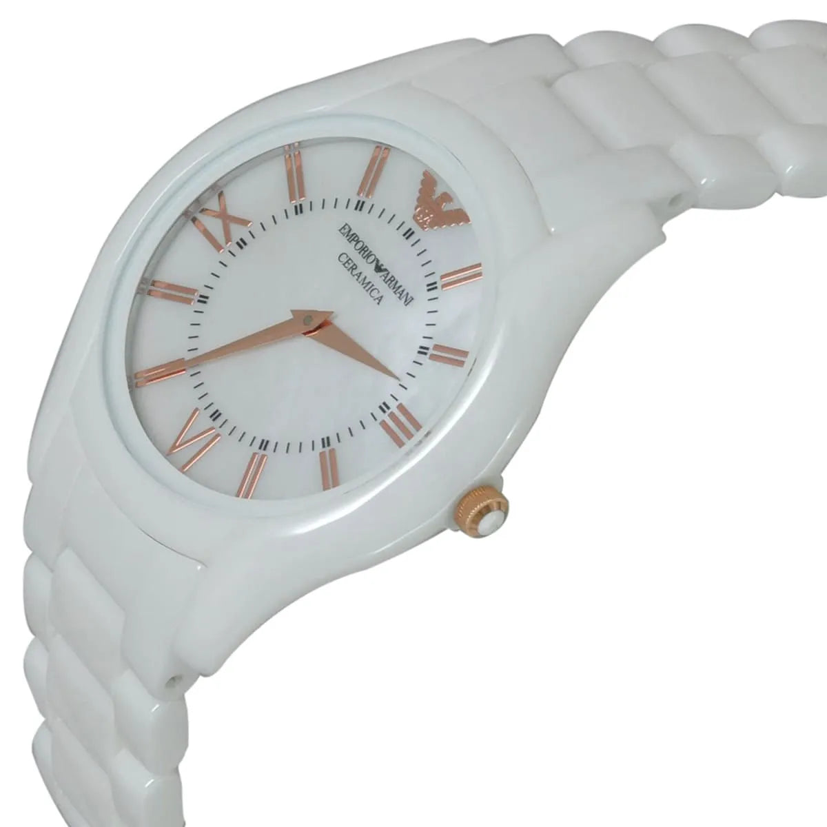 Side profile of Emporio Armani Ceramica watch with white ceramic strap and rose gold crown