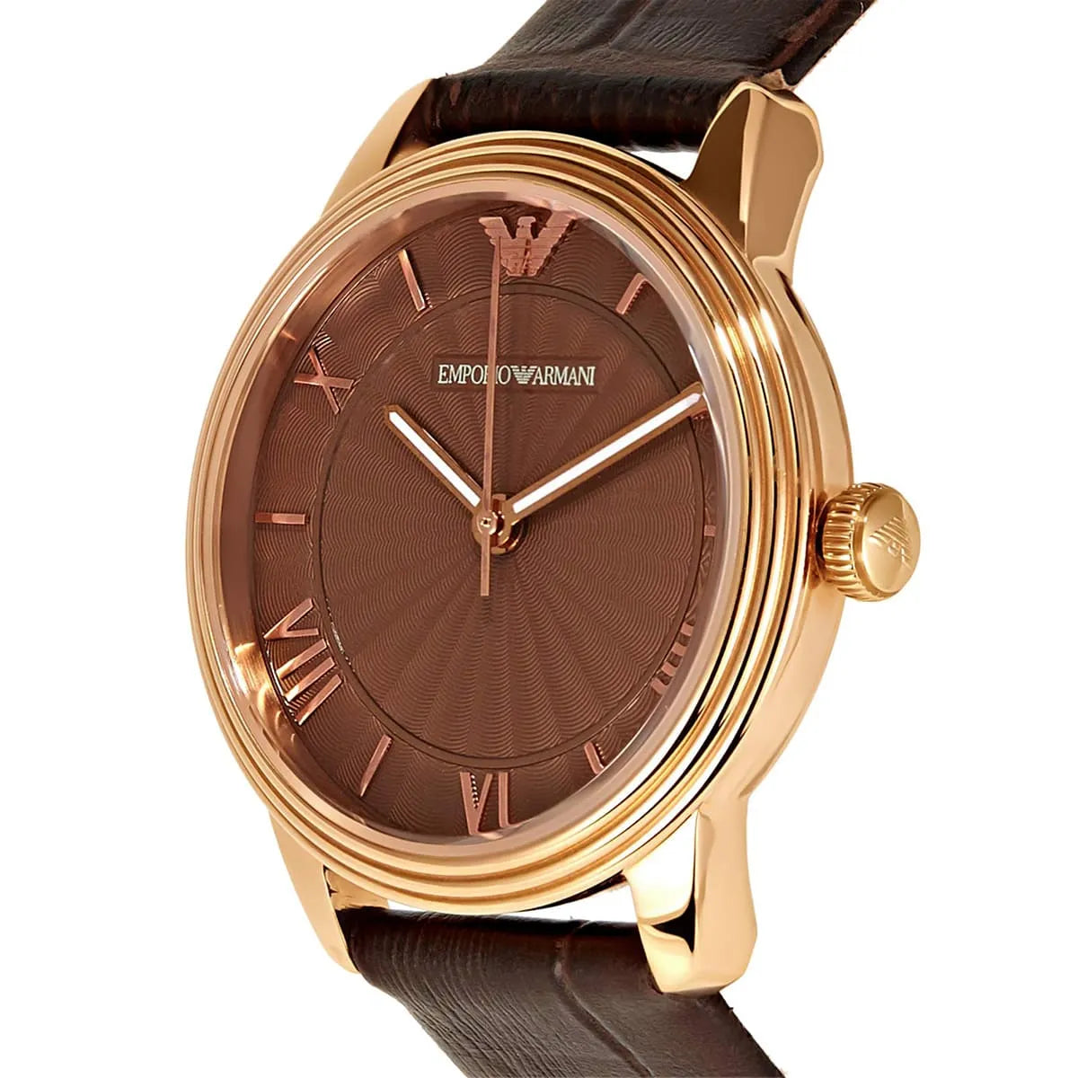 Emporio Armani AR1619 Dino watch side view with rose gold case and brown leather strap