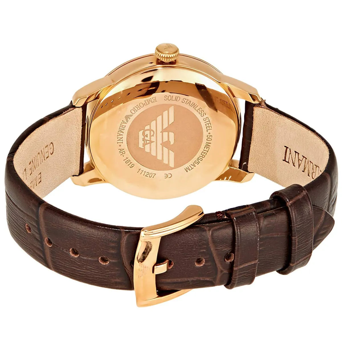 Emporio Armani AR1619 caseback detail with Emporio Armani eagle logo engraved on rose gold