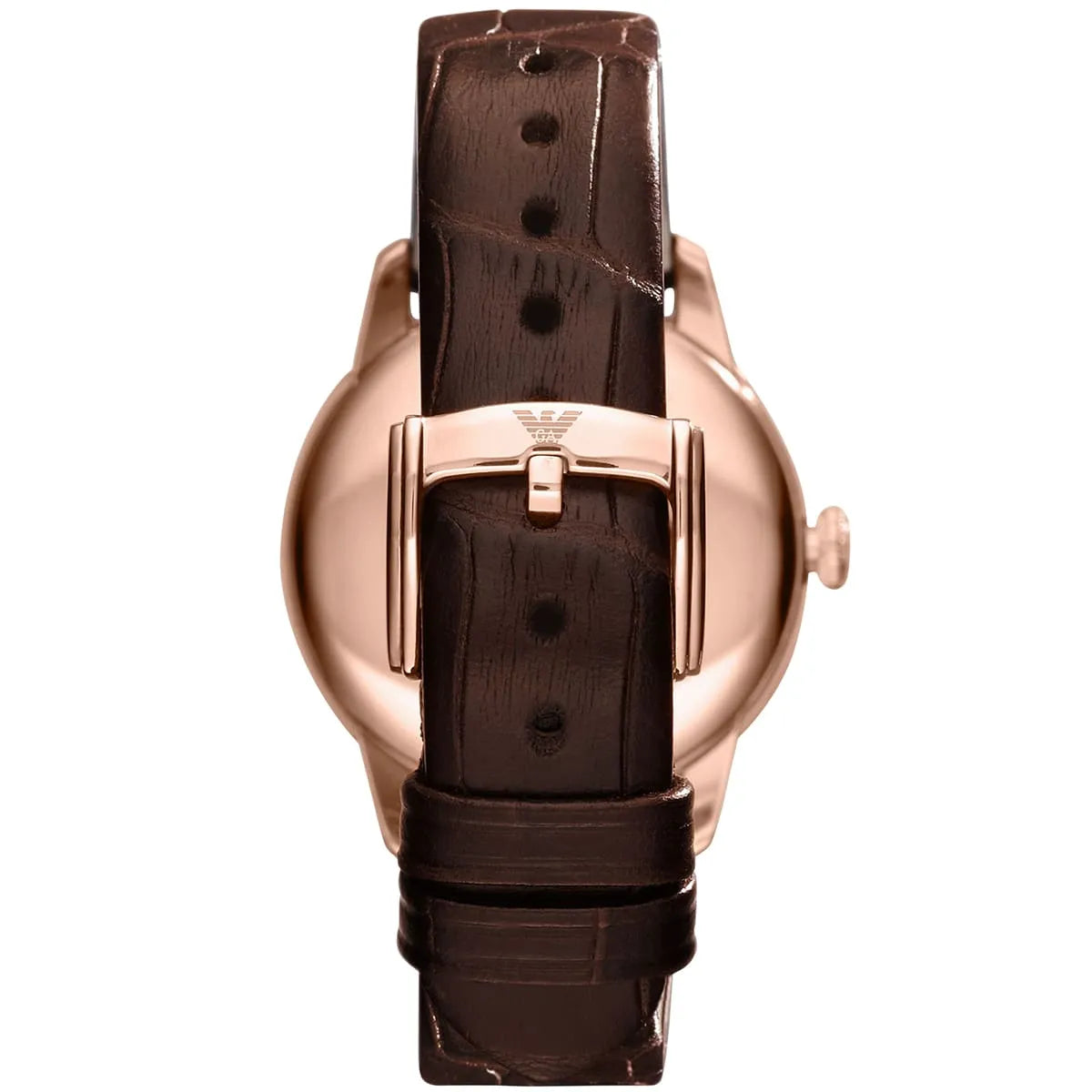 AR1619 Emporio Armani watch caseback showing rose gold stainless steel with Emporio Armani logo