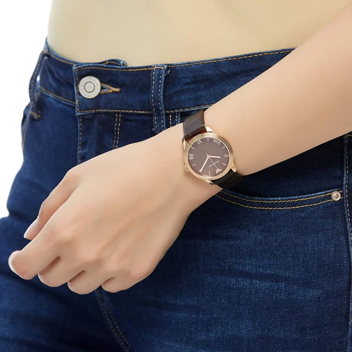 AR1619 Emporio Armani Dino watch on wrist showing rose gold case and brown leather strap fit